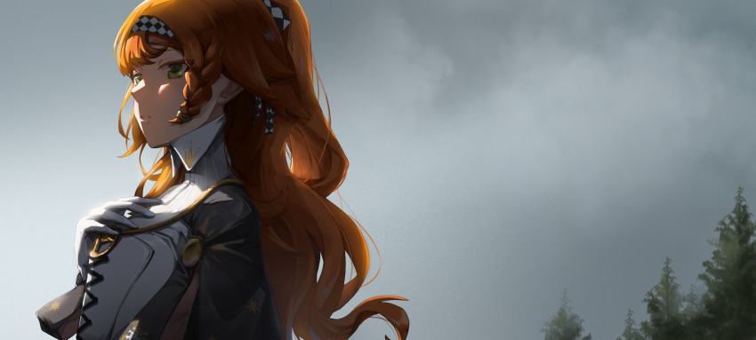 1girl, asymmetrical_sidelocks, backlighting, braid, braided_sidelock, checkered_hairband, collared_dress, dress