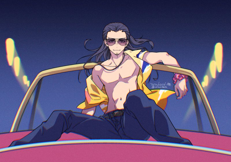 abs, arm_up, ashikaga_takauji_(nige_jouzu_no_wakagimi), aviator_sunglasses, belt, black_belt, black_hair, bonnet