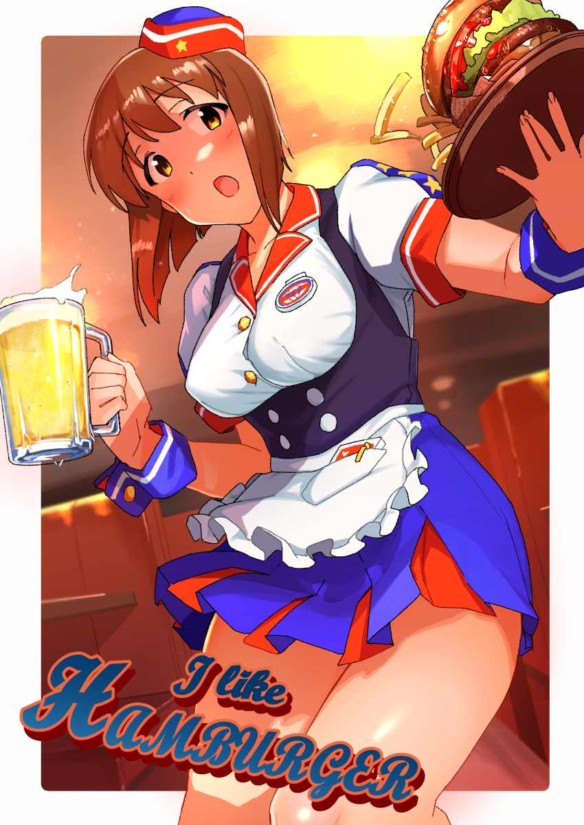 1girl, absurdres, alcohol, apron, balancing, beer, beer_mug, blue_skirt, blush, bob_cut, booth_seating, border, breasts, brown_eyes, brown_hair, burger, burger_skater_(idolmaster), carhop, collarbone, collared_shirt, commentary, cuff_links, cup, diner, employee_uniform, english_text, fast_food, food, french_fries, frilled_apron, frills, hagiwara_yukiho, hat, heart, highres, idolmaster, idolmaster_(classic), idolmaster_2, indoors, ketchup, leaning_to_the_side, lettuce, momo_no_suidou-sui, mug, name_tag, nervous_sweating, notepad, open_mouth, outside_border, pen, print_headwear, red_hat, shirt, skirt, solo, star_(symbol), star_print, suspender_skirt, suspenders, sweat, sweatdrop, table, tareme, tomato, tray, waist_apron, waitress, white_border, wrist_cuffs