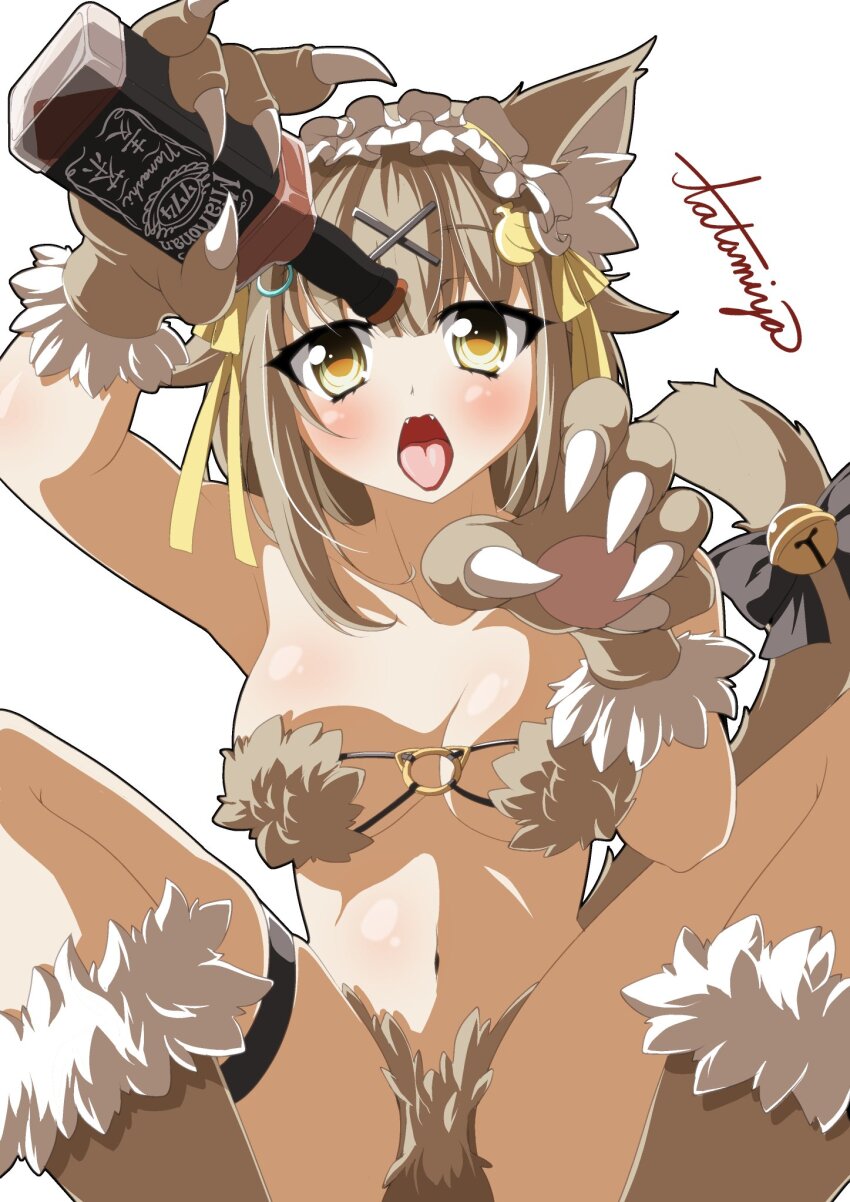 1girl, alcohol, animal_hands, banana_hair_ornament, bell, bikini, black_bow, blush