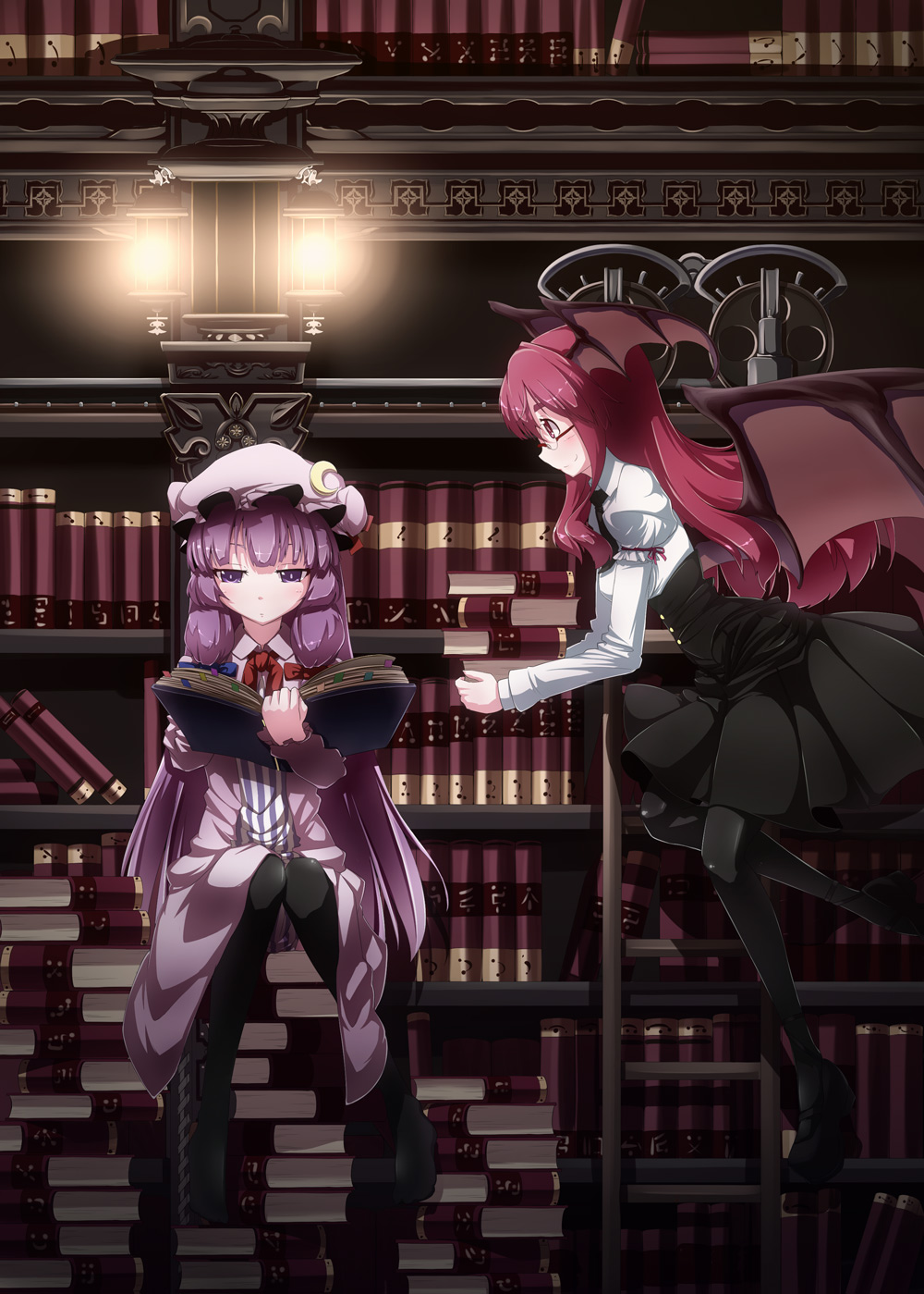 2girls, bat_wings, bespectacled, black_pantyhose, bookshelf, crescent, embodiment_of_scarlet_devil, female_focus
