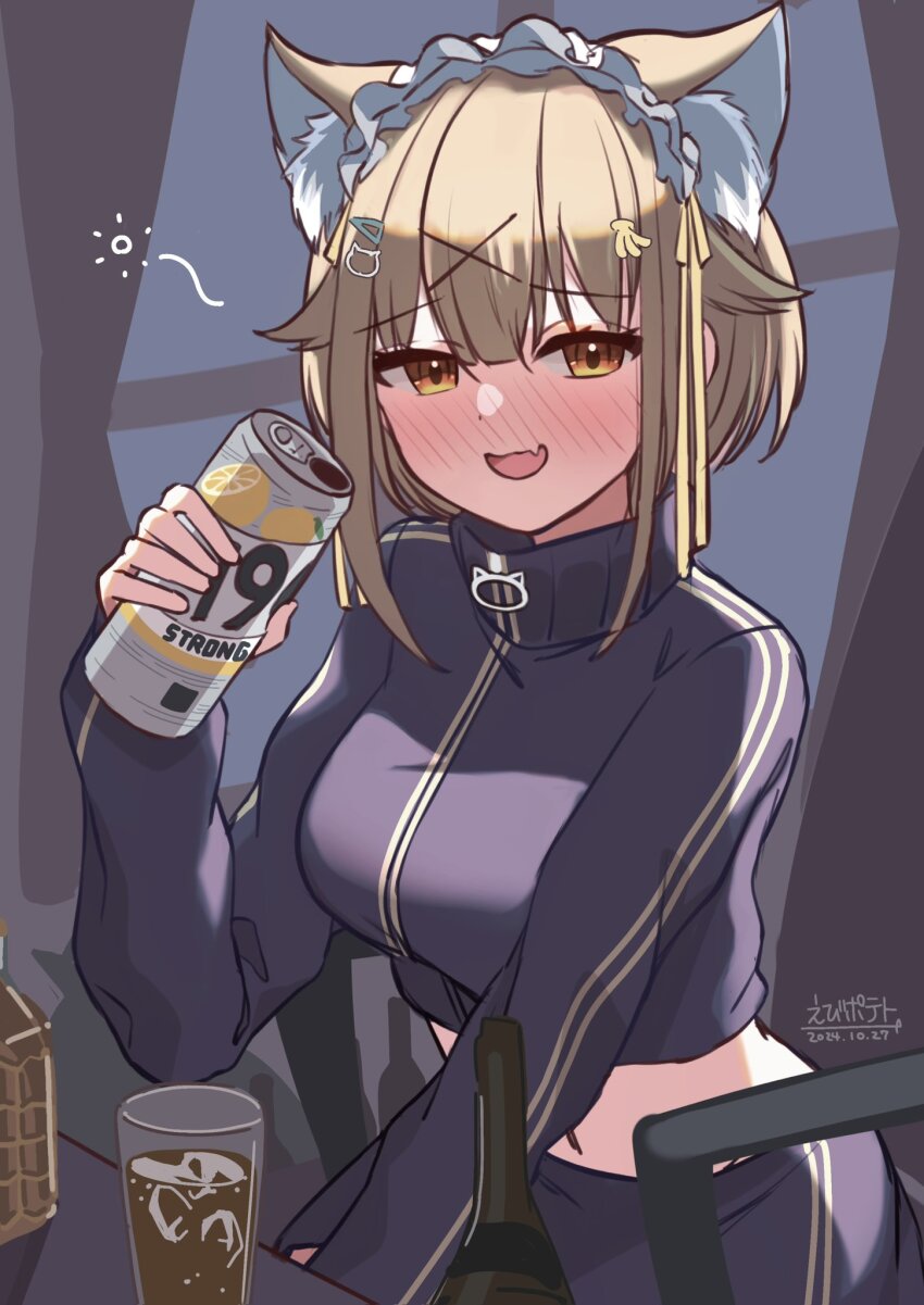 1girl, alcohol, animal_ears, banana_hair_ornament, black_jacket, black_skirt, blush, breasts, can, cat_ears, cat_girl, commentary_request, cowboy_shot, drunk, ebipote3, fang, food-themed_hair_ornament, hair_ornament, highres, holding, holding_can, jacket, konan_mia, konan_mia_(3rd_costume), light_brown_hair, long_sleeves, looking_at_viewer, medium_breasts, midriff, nanashi_inc., navel, nose_blush, official_alternate_costume, open_mouth, short_hair, skin_fang, skirt, smile, solo, squeans, strong_zero, too_many_hair_ornaments, track_jacket, virtual_youtuber, whiskey