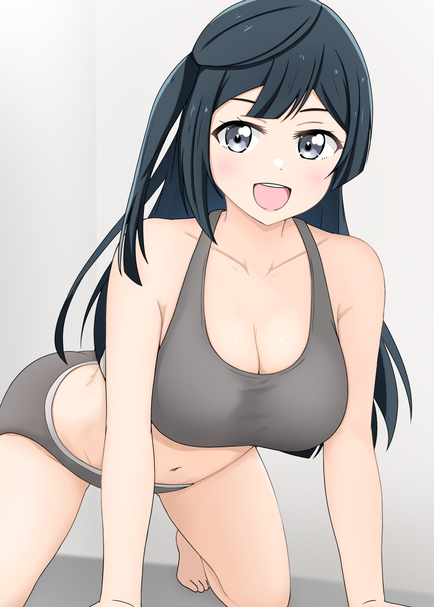1girl, :d, absurdres, all_fours, black_hair, breasts, cleavage, collarbone, commentary_request, foot_out_of_frame, grey_eyes, grey_panties, grey_sports_bra, hair_ornament, highres, kurono_(pixiv1905129), large_breasts, long_hair, looking_at_viewer, love_live!, love_live!_nijigasaki_high_school_idol_club, navel, one_side_up, open_mouth, panties, smile, solo, sports_bra, stomach, teeth, triangle_hair_ornament, underwear, underwear_only, upper_teeth_only, yuki_setsuna