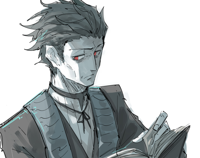 1boy, black_hair, black_ribbon, book, collared_shirt, frown, furrowed_brow, hair_slicked_back