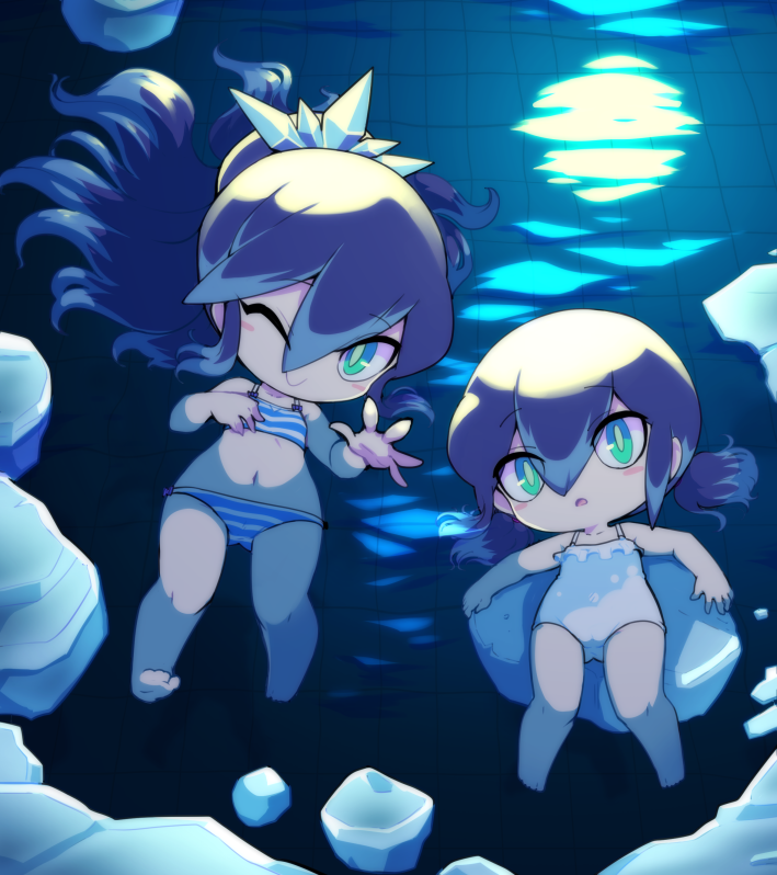 2girls, barefoot, bikini, blue_hair, blush_stickers, fubukihime, green_eyes, high_ponytail