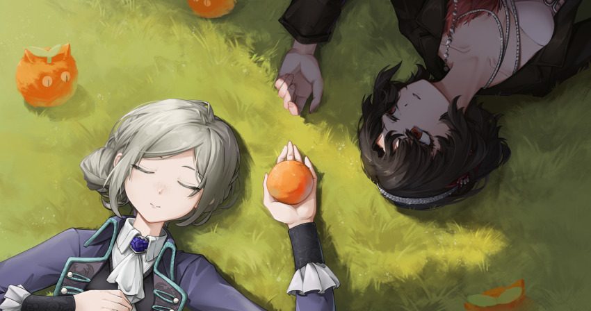 2girls, arm_up, ascot, black_coat, black_hair, carbuncle_(reverse:1999), closed_eyes, closed_mouth, coat, collared_shirt, facing_viewer, feather_dress, feather_hair_ornament, feathers, food, from_above, fruit, grass, grey_hair, grey_hairband, hair_bun, hair_ornament, hairband, hand_on_own_chest, hand_up, hands_up, highres, holding, holding_food, holding_fruit, huangjiaqicool, jewelry, long_sleeves, looking_at_another, looking_to_the_side, lying, multiple_girls, necklace, on_back, on_ground, orange_(fruit), red_eyes, red_feathers, reverse:1999, rotational_symmetry, schneider_(reverse:1999), shade, shirt, single_side_bun, smile, upper_body, vertin_(reverse:1999), white_ascot, white_shirt