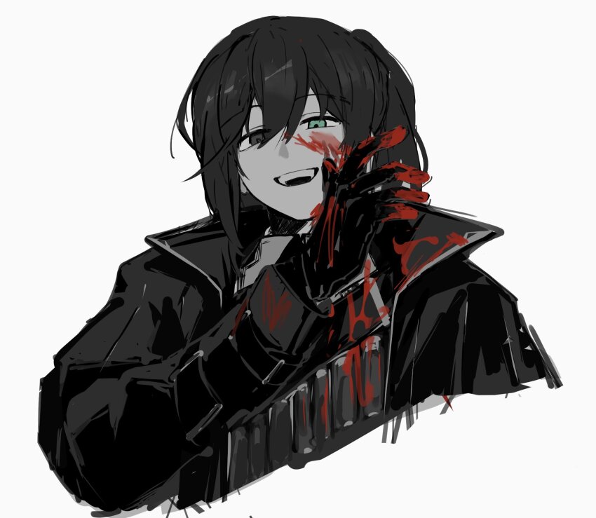 1boy, :d, black_eyes, black_gloves, blood, blood_on_clothes, blood_on_face, blood_on_hands