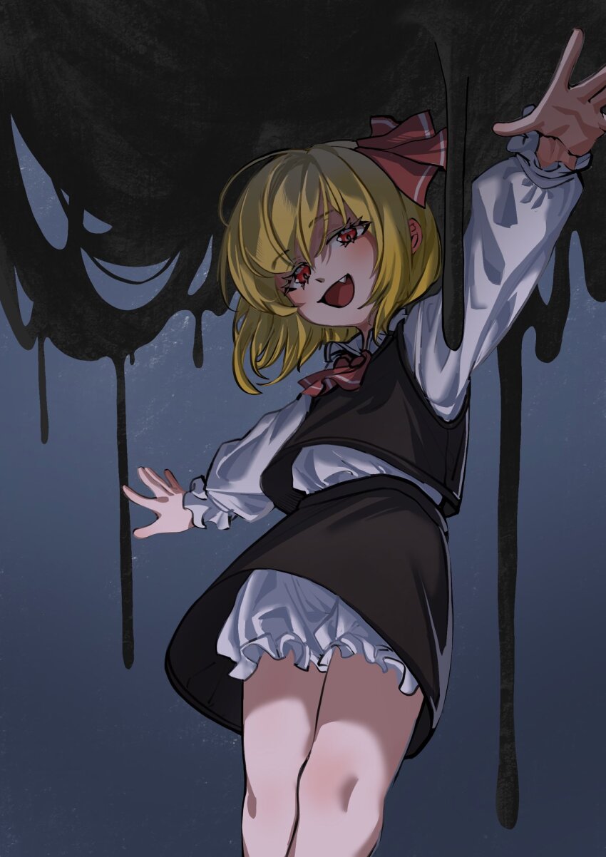 1girl, ascot, black_vest, blonde_hair, bloomers, blush, collared_shirt, darkness