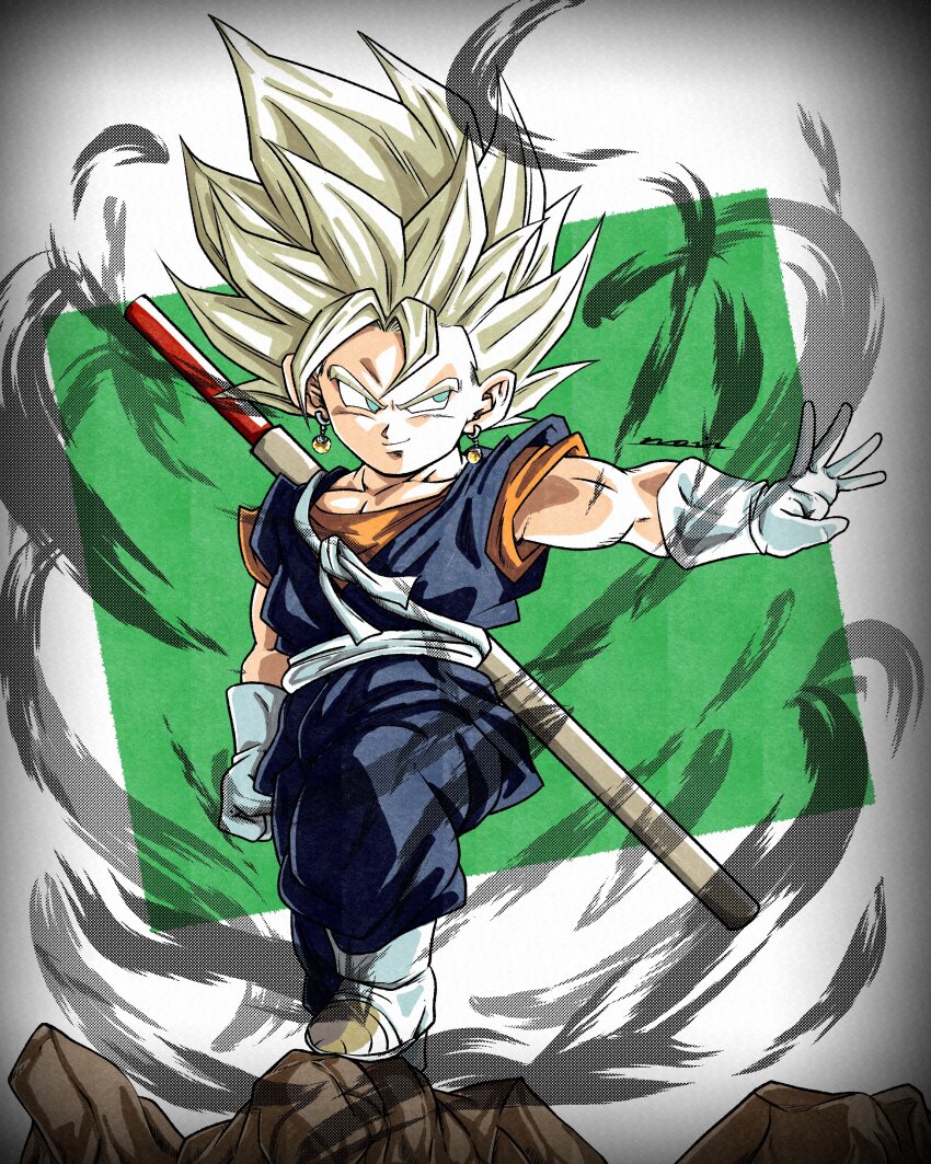 1boy, absurdres, adapted_costume, blonde_hair, blue_pants, blue_sash, blue_tunic, boots, chibi, dougi, dragon_ball, dragon_ball_daima, dragonball_z, earrings, full_body, gloves, grey_background, highres, jewelry, male_focus, medium_hair, noir_illust, orange_shirt, pants, potara_earrings, ruyi_jingu_bang, sash, shirt, simple_background, solo, spiked_hair, super_saiyan, super_saiyan_1, tunic, twitter_username, vegetto, white_boots, white_gloves