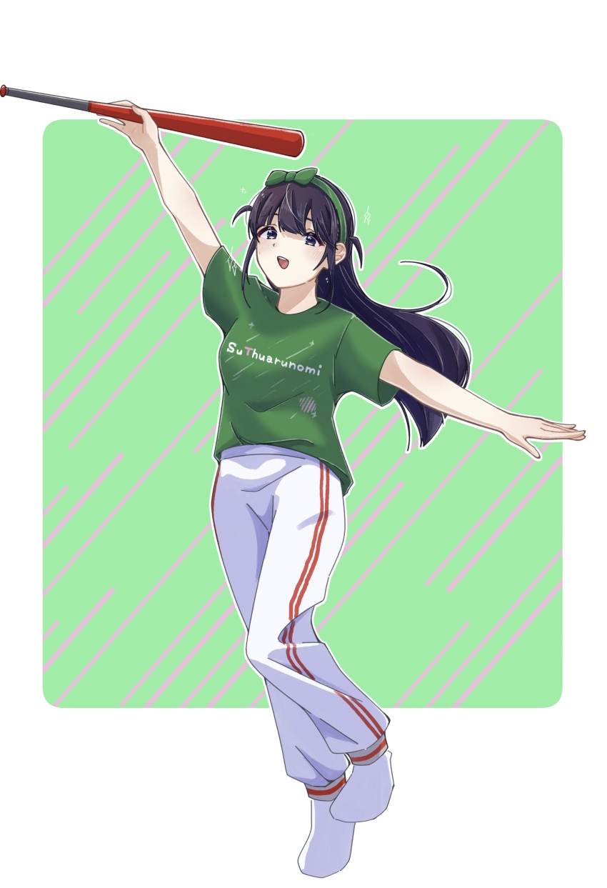 1girl, :d, absurdres, arm_up, baseball_bat, black_eyes, black_hair, blush