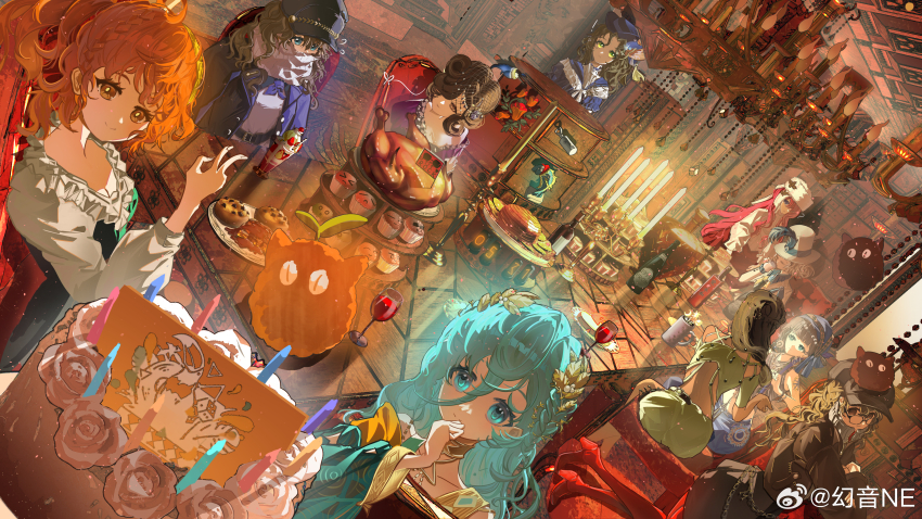 37_(reverse:1999), 6+girls, absurdres, alcohol, animal_ears, birthday_cake, black_hair, blue_coat