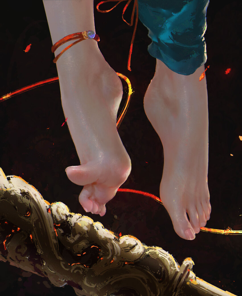 1girl, absurdres, anklet, barefoot, black_background, black_myth:_wukong, cgshuchai, chinese_commentary, commentary_request, feet, foot_focus, head_out_of_frame, highres, jewelry, jumping, pingping_(black_myth:_wukong), ruyi_jingu_bang, solo, string