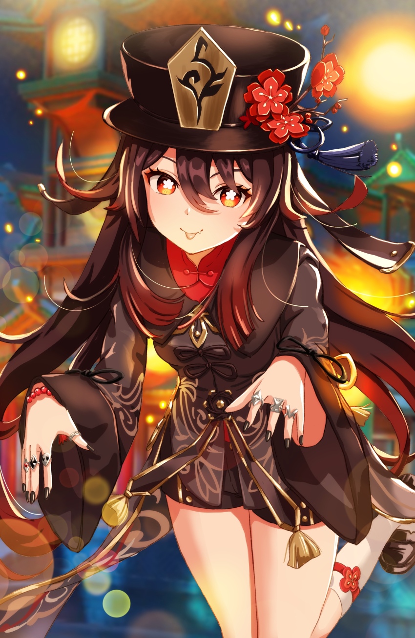 1girl, absurdres, brown_hair, flower, flower-shaped_pupils, genshin_impact, hat, hat_flower