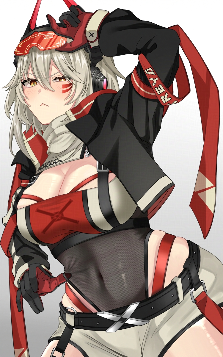 1girl, black_gloves, black_jacket, breasts, character_name, cleavage, covered_navel, cropped_jacket