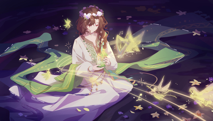 1girl, absurdres, beamed_eighth_notes, blue_flower, braces, braid, brown_eyes, brown_hair