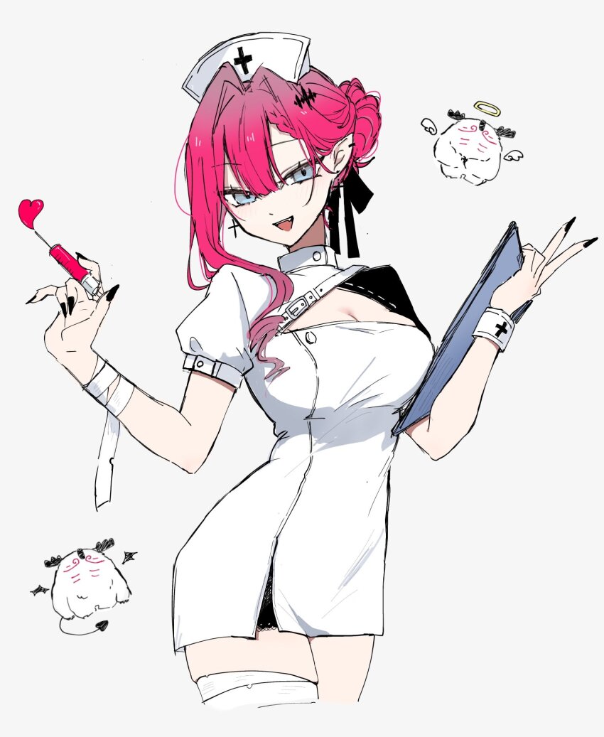 1girl, baobhan_sith_(fate), breasts, cernunnos_(fate), cleavage, cleavage_cutout, clipboard, clothing_cutout