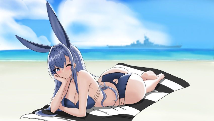 1girl, absurdres, ass, ass_cutout, azur_lane, battleship, beach, bikini