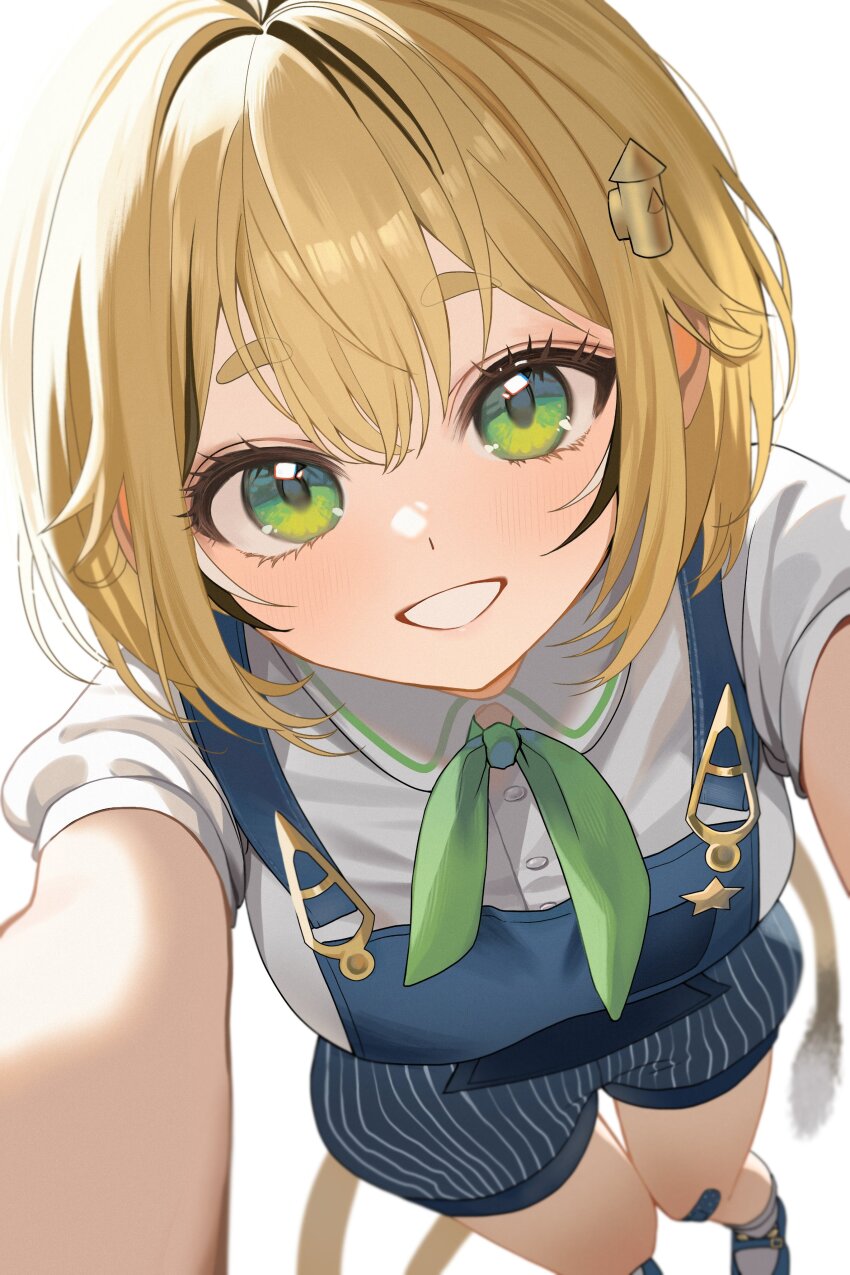 1girl, absurdres, black_hair, blonde_hair, blue_overalls, blush, breasts, collared_shirt