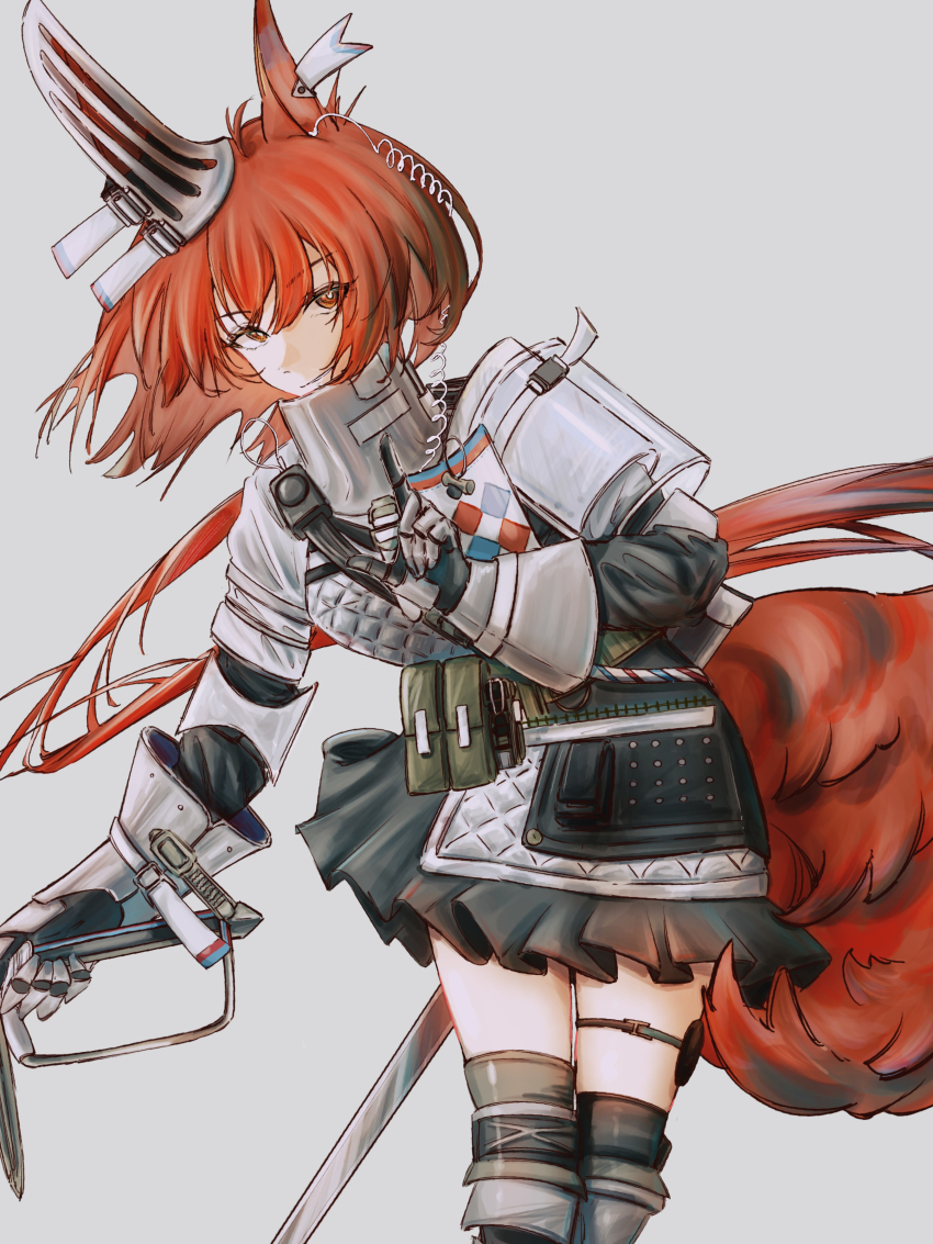 1girl, absurdres, animal_ears, arknights, armor, bag, black_skirt, brown_eyes