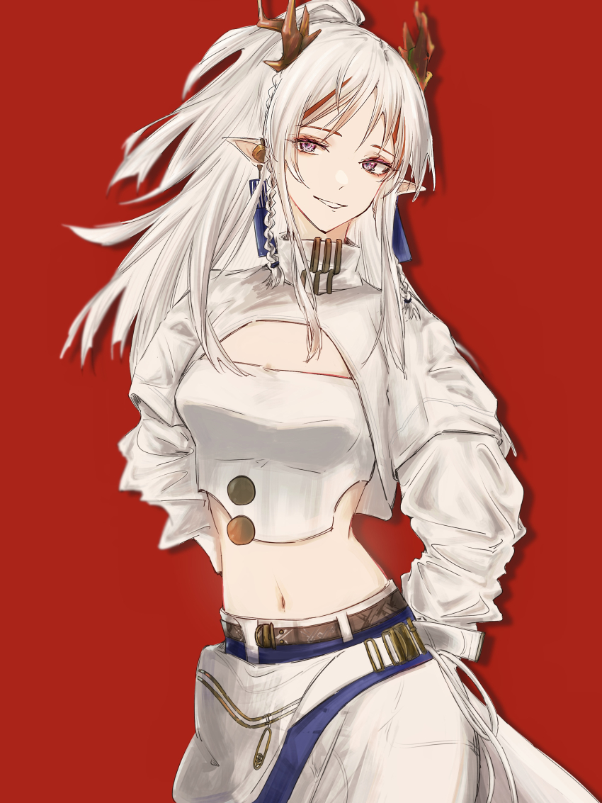 1girl, absurdres, arknights, braid, breasts, cheddar_n, cowboy_shot, dragon_girl