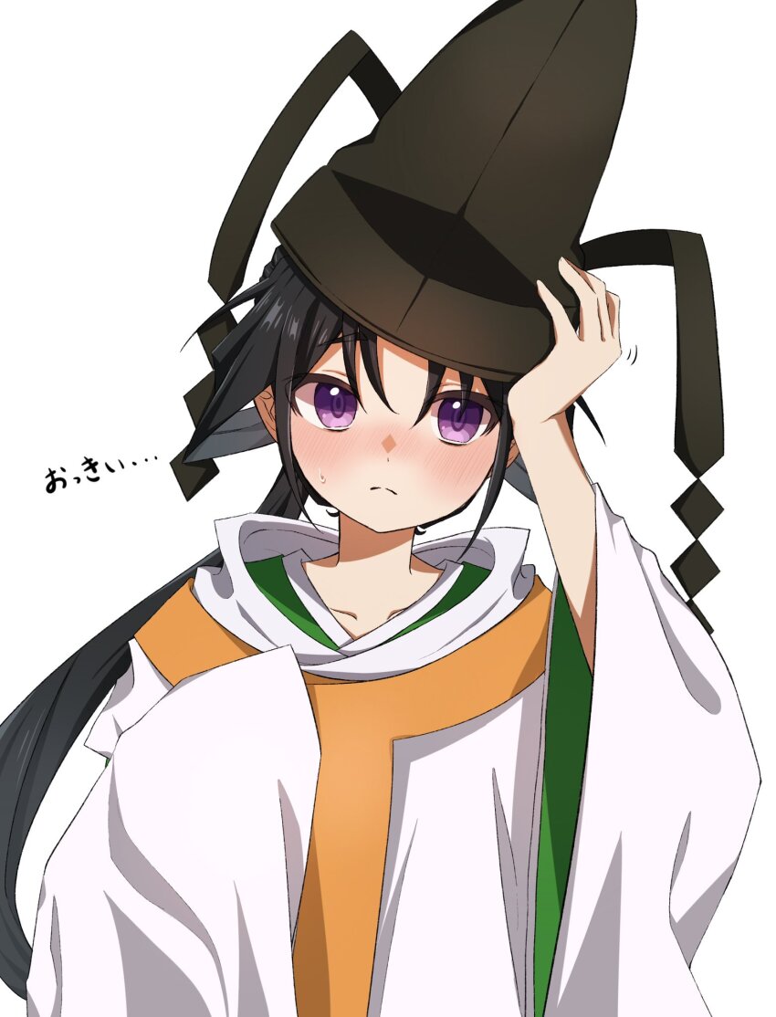 1boy, adjusting_clothes, adjusting_headwear, baggy_clothes, black_hair, blush, borrowed_clothes, collarbone