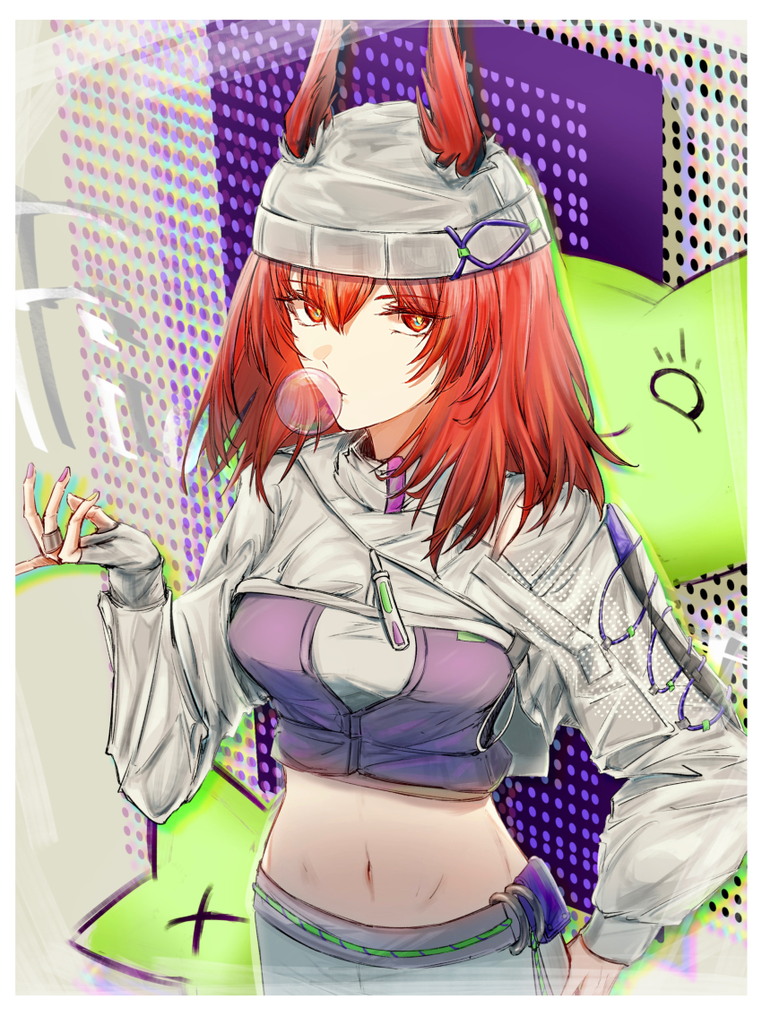 1girl, absurdres, animal_ears, arknights, beanie, bird_ears, blowing_bubble_gum, blowing_bubbles