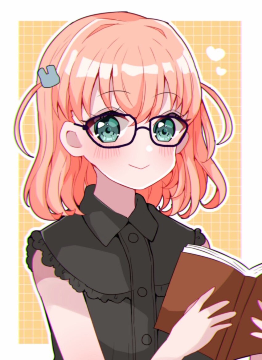 1girl, :>, ametan_(meteo_impact), aqua_eyes, black-framed_eyewear, black_shirt, book, border, closed_mouth, collared_shirt, commentary, crossed_bangs, frilled_shirt, frills, glasses, grid_background, hair_ornament, highres, hinoshita_kaho, hinoshita_kaho_(ishikawa_prefectural_library), holding, holding_book, link!_like!_love_live!, looking_at_viewer, love_live!, medium_hair, official_alternate_costume, open_book, orange_background, orange_hair, outside_border, rabbit_hair_ornament, shirt, sleeveless, sleeveless_shirt, smile, solo, two_side_up, upper_body, virtual_youtuber, white_border