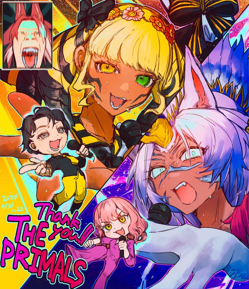 1boy, 2024, 4girls, absurdres, animal_ears, arthropod_girl, bee_girl, black_bow