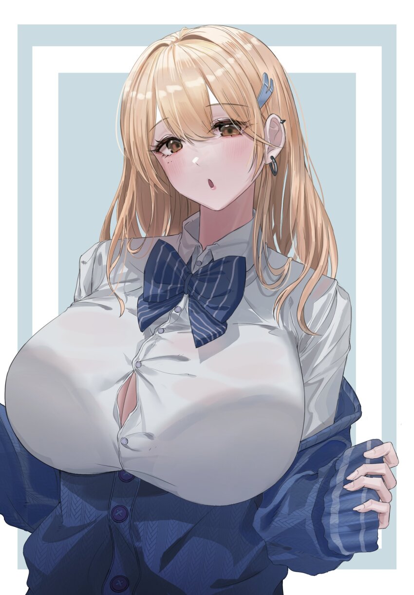 1girl, absurdres, blonde_hair, blue_jacket, bow, bowtie, breasts, buttons