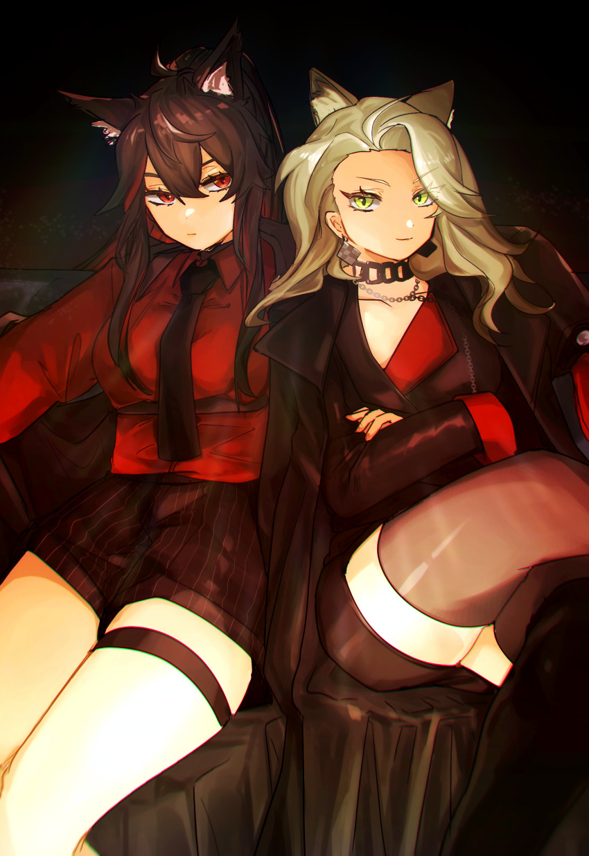 absurdres, animal_ear_fluff, animal_ears, arknights, black_hair, black_jacket, black_necktie, black_shorts