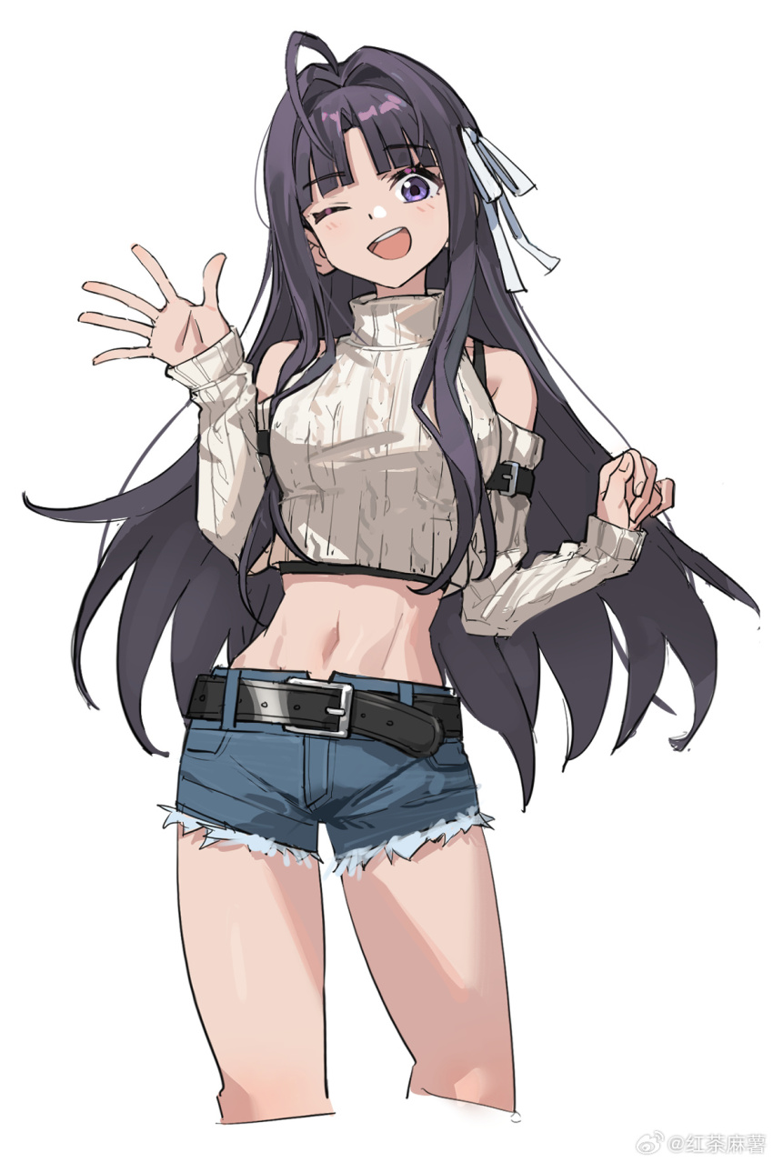1girl, awa_subaru, belt, belt_buckle, black_belt, black_hair, blue_shorts, blush