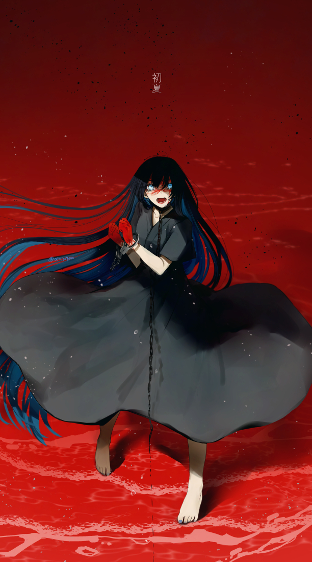 1girl, ado_(utaite), black_dress, black_hair, blood, blood_on_face, blood_on_hands, blue_eyes