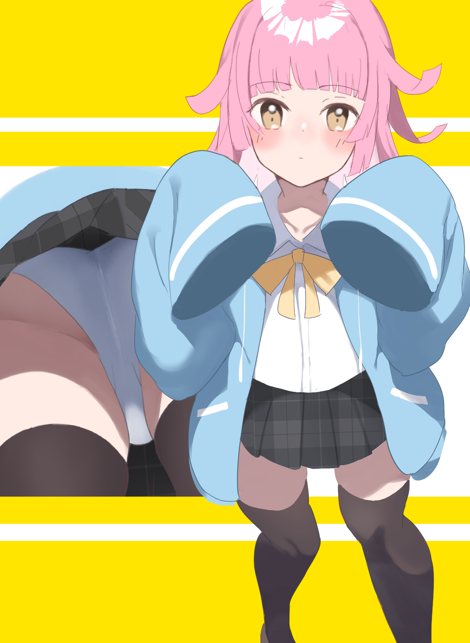 1girl, black_skirt, black_thighhighs, blue_jacket, blunt_bangs, blunt_ends, brown_eyes, collarbone