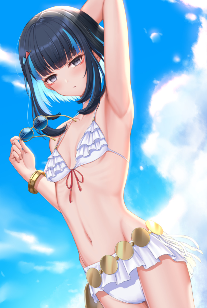 1girl, alternate_hair_length, alternate_hairstyle, arm_up, armpits, bare_shoulders, belly_chain, bikini