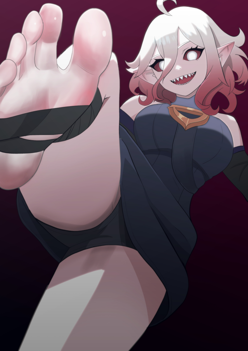 1girl, absurdres, barefoot, briar_(league_of_legends), colored_sclera, feet, highres, league_of_legends, looking_at_viewer, medium_hair, odiseo, open_mouth, pale_skin, pointy_ears, red_sclera, sharp_teeth, soles, teeth, toes, white_eyes, white_hair