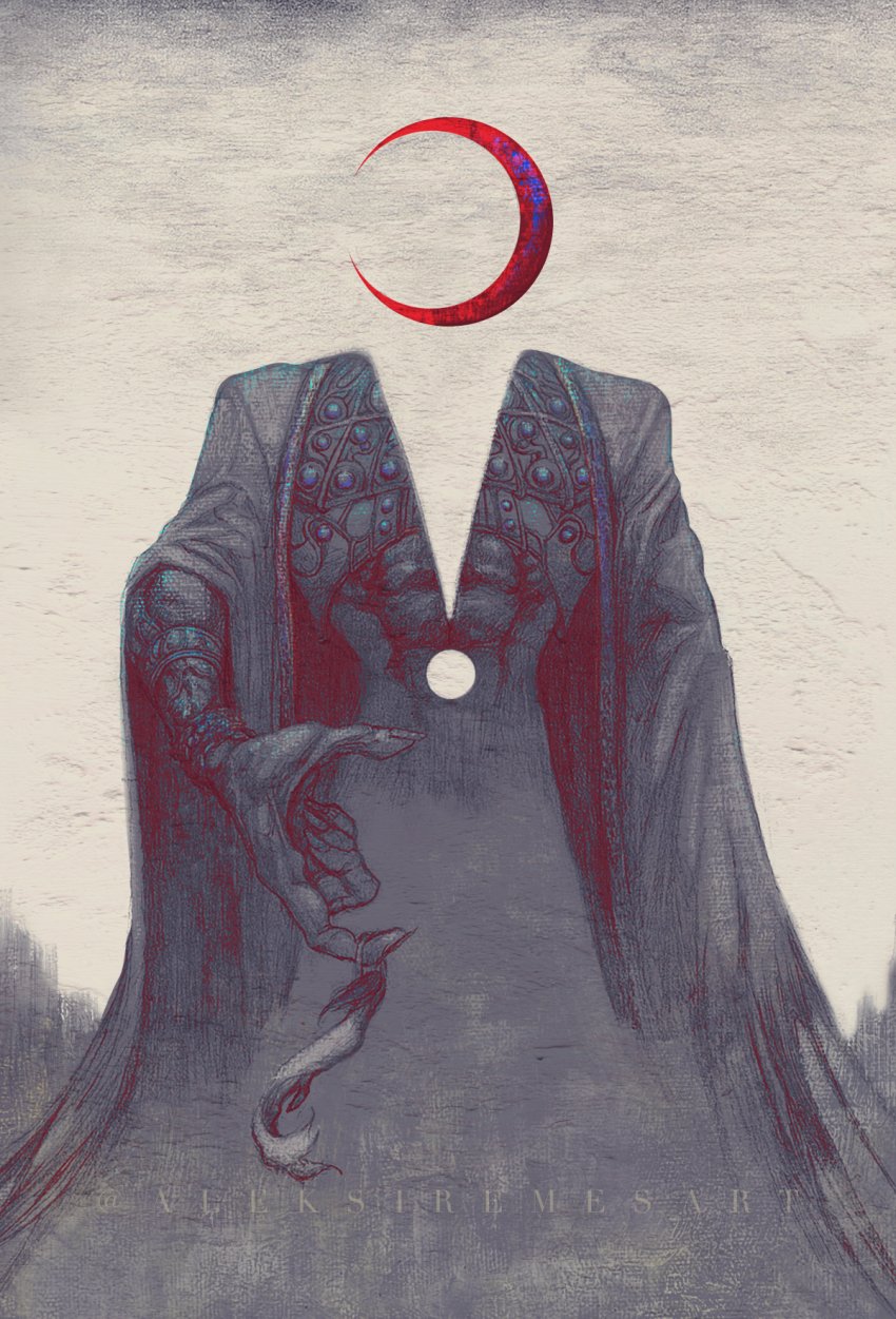 1boy, aleksi_remes, artist_name, blue_gem, bracelet, commentary, crescent_moon, english_commentary, faceless, fantasy, gem, highres, jewelry, mixed-language_commentary, monster, moon, muscular, muscular_male, open_clothes, original, red_moon, wide_sleeves