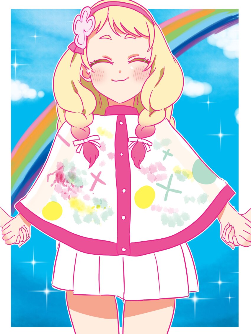 3girls, :3, ^_^, absurdres, blonde_hair, blue_sky, blush, braid