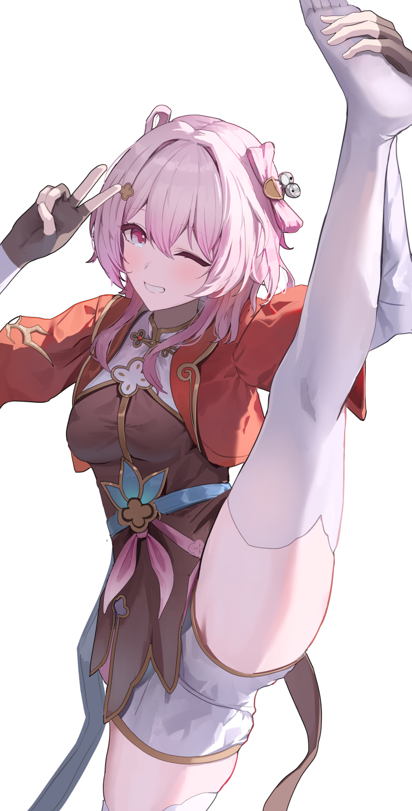 1girl, absurdres, bell, belt, black_gloves, black_shirt, blue_belt, blush