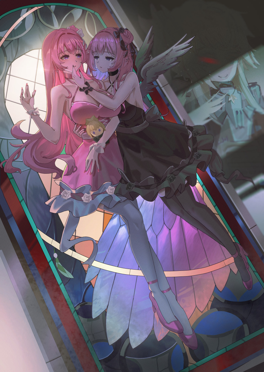 2girls, absurdres, black_dress, black_nails, breasts, character_doll, cleavage, commentary