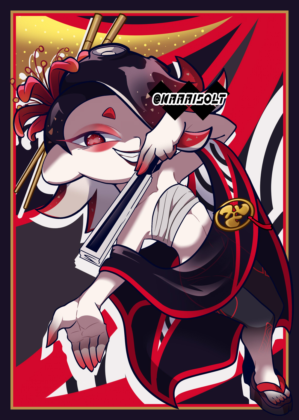 1girl, black_background, black_hair, black_lips, capelet, chest_sarashi, eyeshadow, flip-flops