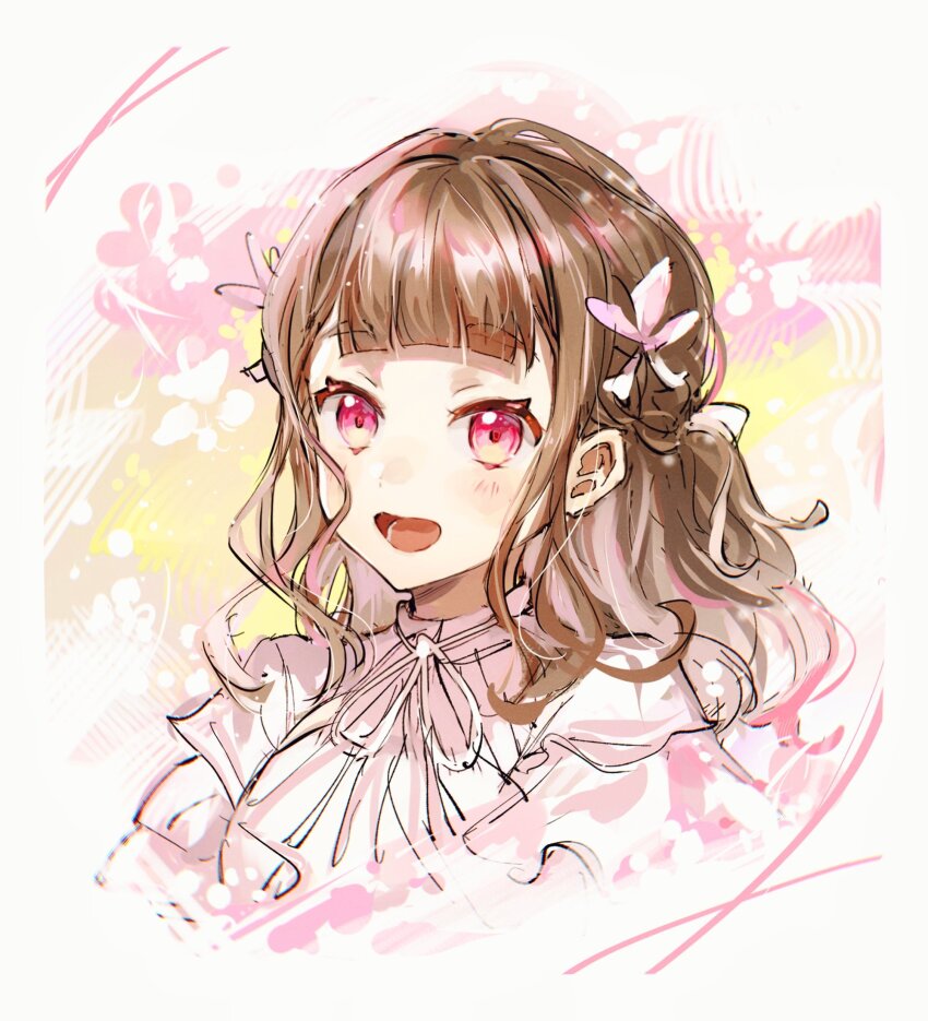 1girl, :d, border, braid, brown_hair, center-flap_bangs, commentary, dress