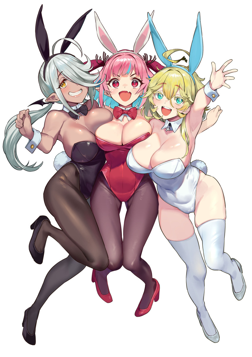 +_+, 3girls, :d, absurdres, ami_(kanan-sama), animal_ears, aqua_eyes, arm_up