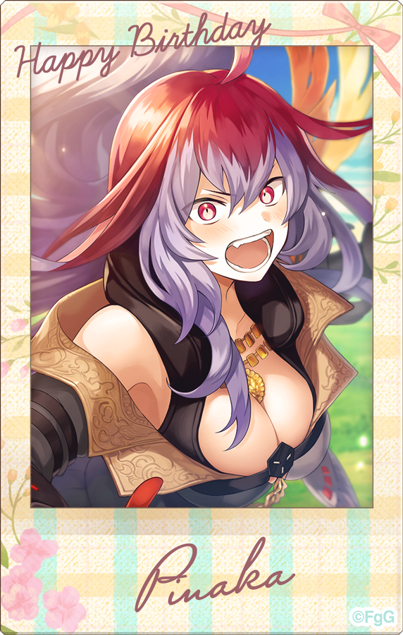 1girl, ahoge, blue_sky, blush, breasts, character_name, cleavage, commentary_request