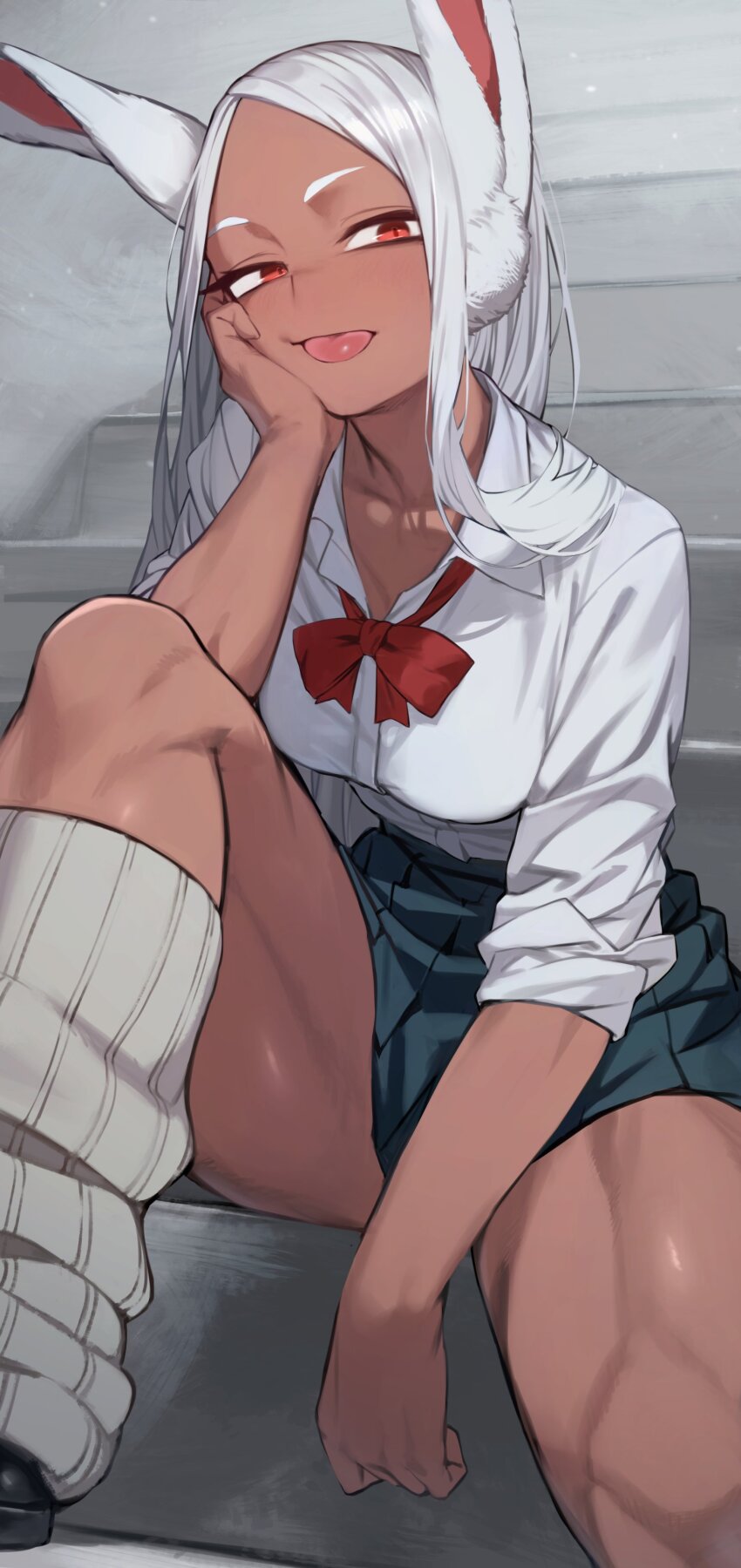 1girl, absurdres, animal_ears, arm_support, black_footwear, boku_no_hero_academia, bow, bowtie