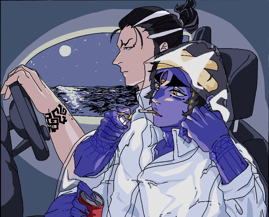 2boys, arm_tattoo, bandana, black_hair, black_tattoo, blue_tattoo, can, car, cigarette, collarbone, collared_shirt, colored_skin, drink_can, driving, extra_arms, extra_eyes, finger_tattoo, from_side, half-closed_eyes, head_on_hand, head_rest, holding, holding_can, holding_lighter, lighter, male_focus, moon, motor_vehicle, multicolored_hair, multiple_boys, multiple_eyes, muscular, muscular_male, night, ponytail, purple_skin, raiden_tameemon_(shuumatsu_no_valkyrie), raincoat, see-through_clothes, see-through_raincoat, shirt, shiva_(shuumatsu_no_valkyrie), short_hair, shuumatsu_no_valkyrie, sitting, sky, sleeves_rolled_up, soda, soda_can, streaked_hair, tattoo, thick_eyebrows, third_eye, topknot, two-tone_hair, water, white_hair, white_shirt, wrist_tattoo, yellow_bandana, yellow_eyes