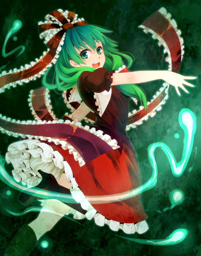 1girl, bow, dress, female_focus, frills, from_below, from_side, front_ponytail