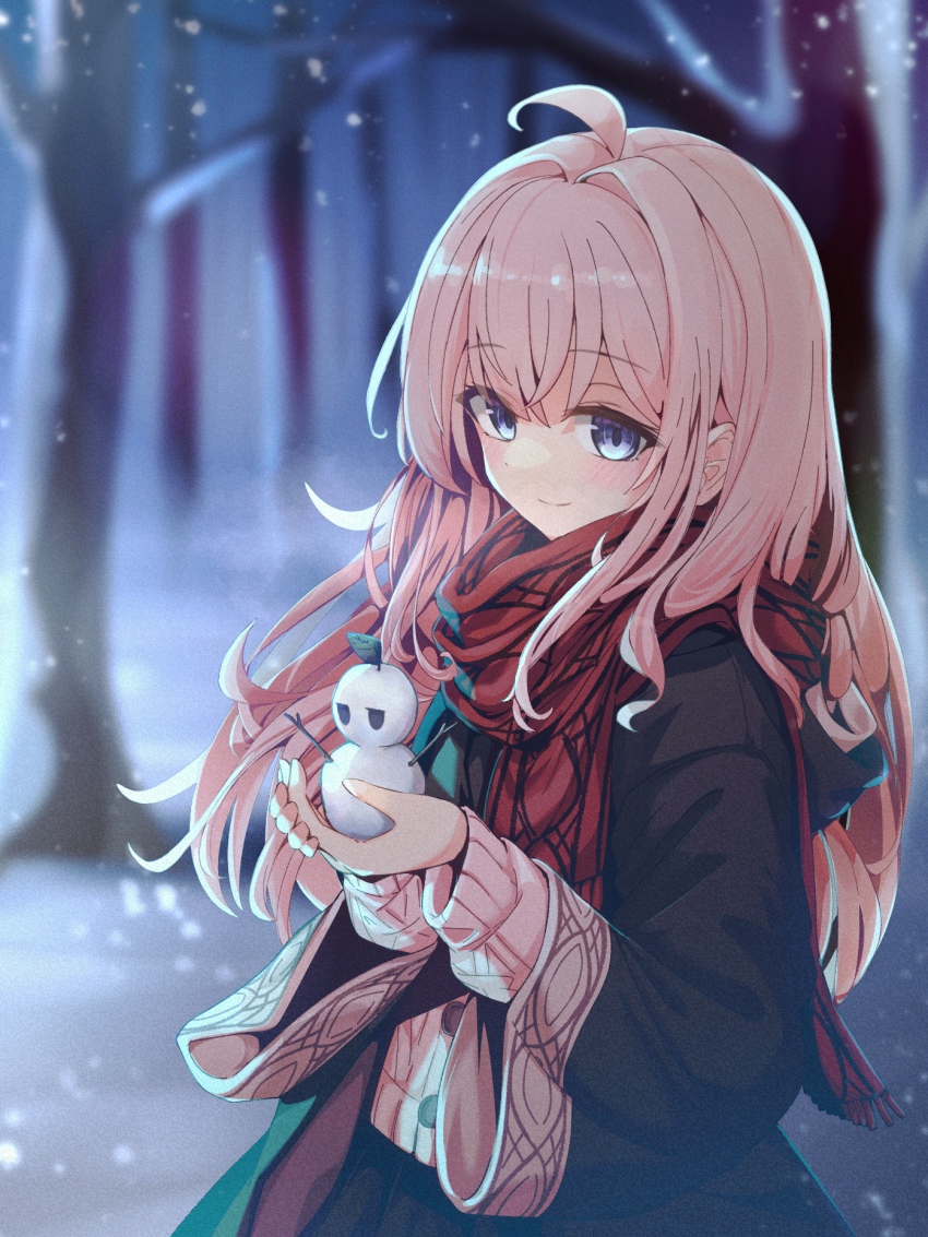 1girl, ahoge, blue_eyes, blurry, blurry_background, blush, cmo_2kr, cowboy_shot