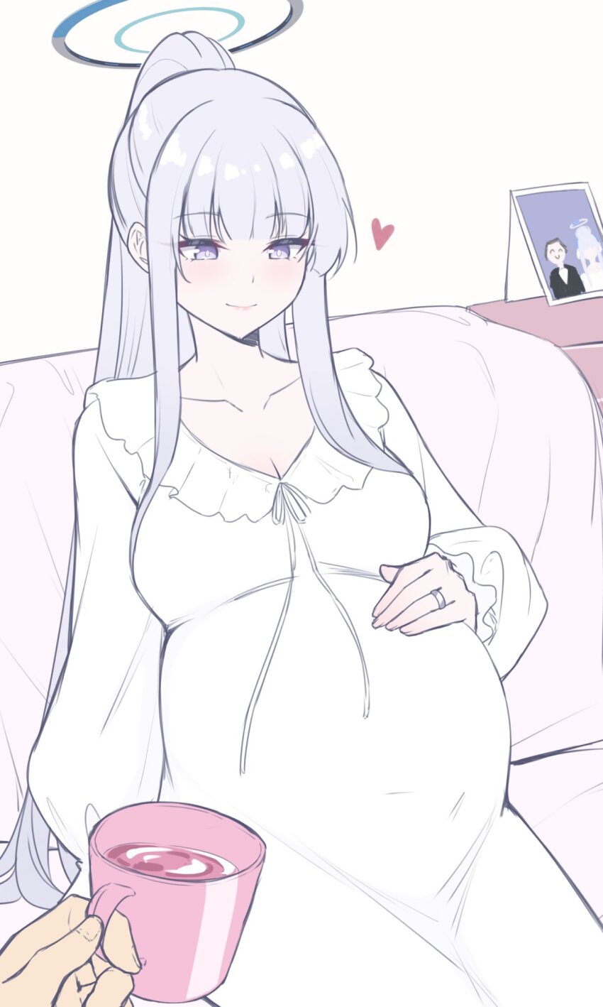 1boy, 1girl, blue_archive, blush, breasts, closed_mouth, cup, doodle_sensei_(blue_archive), dress, grey_hair, halo, hand_on_own_stomach, happy, heart, highres, holding, holding_cup, jewelry, large_breasts, long_hair, mechanical_halo, noa_(blue_archive), ponytail, pregnant, purple_eyes, reia_76, ring, sensei_(blue_archive), sitting, smile, wedding_photo, wedding_ring, wedding_suit, white_dress