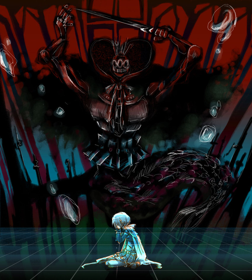 10s, 1girl, armor, blue_hair, cape, covering_face, covering_privates, crown, crying, dual_persona, from_side, highres, kusunoki_(tallnight), magical_girl, mahou_shoujo_madoka_magica, mahou_shoujo_madoka_magica_(anime), mermaid, miki_sayaka, miki_sayaka_(magical_girl), monster_girl, oktavia_von_seckendorff, perspective, pleated_skirt, short_hair, sitting, skirt, spoilers, sword, tears, wariza, weapon, witch's_labyrinth