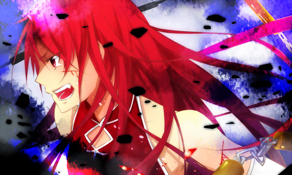 10s, alternate_hairstyle, bare_shoulders, chain, cuts, fang, haruyou, injury, long_hair, mahou_shoujo_madoka_magica, mahou_shoujo_madoka_magica_(anime), open_mouth, profile, red_eyes, red_hair, sakura_kyoko, sakura_kyoko_(magical_girl), solo, tears